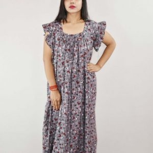 Grey Cotton Maxi Nighty Square Neck Short Sleeves with pleats