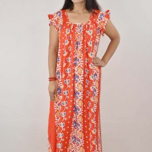 Red Cotton Maxi Nighty Square Neck Short Sleeves with pleats