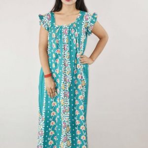 Sea Green Cotton Maxi Nighty Square Neck Short Sleeves with pleats