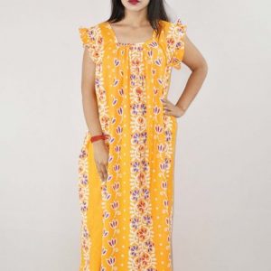 Yellow Cotton Maxi Nighty Square Neck Short Sleeves with pleats