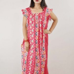 Pink Cotton Maxi Nighty Square Neck Short Sleeves with pleats