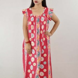 Red Cotton Maxi Nighty Square Neck Short Sleeves with pleats