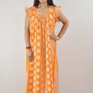 Yellow Cotton Maxi Nighty Square Neck Short Sleeves with pleats