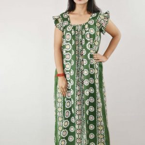 Green Cotton Maxi Nighty Square Neck Short Sleeves with pleats