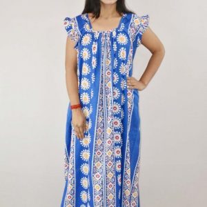 Blue Cotton Maxi Nighty Square Neck Short Sleeves with pleats