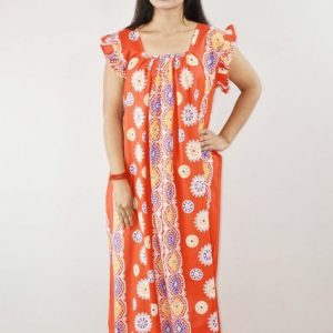 Red Cotton Maxi Nighty Square Neck Short Sleeves with pleats