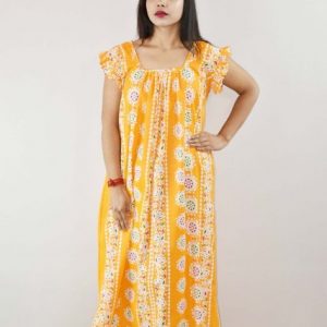 Yellow Cotton Maxi Nighty Square Neck Short Sleeves with pleats