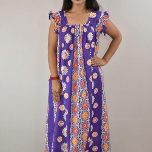 Blue Cotton Maxi Nighty Square Neck Short Sleeves with pleats