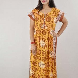 Yellow Cotton Maxi Nighty V Neck Short Sleeves with Button