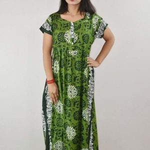 Green Cotton Maxi Nighty V Neck Short Sleeves with Button