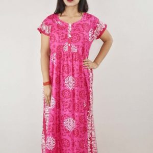 Pink Cotton Maxi Nighty V Neck Short Sleeves with Button
