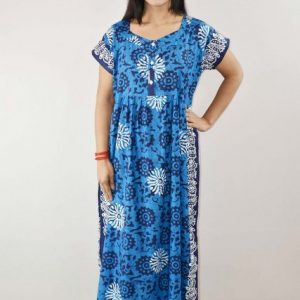 Blue Cotton Maxi Nighty V Neck Short Sleeves with Button
