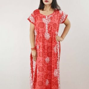 Red Cotton Maxi Nighty V Neck Short Sleeves with Button