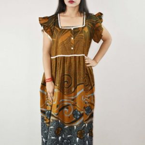 Brown Cotton Maxi Nighty Square Neck Short Sleeve With Lace