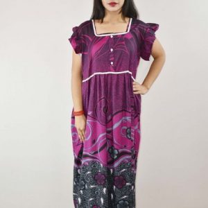 Pink Cotton Maxi Nighty Square Neck Short Sleeve With Lace