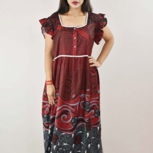 Maroon Cotton Maxi Nighty Square Neck Short Sleeve With Lace