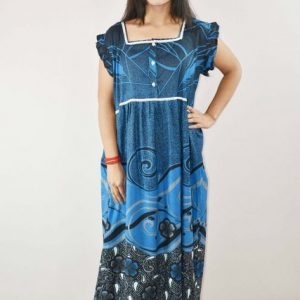 Blue Cotton Maxi Nighty Square Neck Short Sleeve With Lace