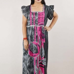 Grey Cotton Maxi Nighty Square Neck Short Sleeve With Lace