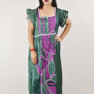 Green Cotton Maxi Nighty Square Neck Short Sleeve With Lace