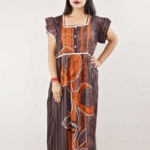 Maroon Cotton Maxi Nighty Square Neck Short Sleeve With Lace