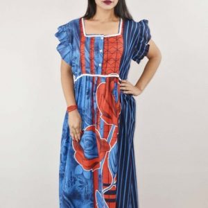 Blue Cotton Maxi Nighty Square Neck Short Sleeve With Lace