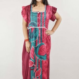 Red Cotton Maxi Nighty Square Neck Short Sleeve With Lace