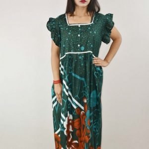 Green Cotton Maxi Nighty Square Neck Short Sleeve With Lace