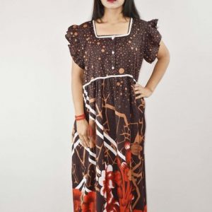 brown Cotton Maxi Nighty Square Neck Short Sleeve With Lace