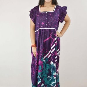 Purple Cotton Maxi Nighty Square Neck Short Sleeves with Lace