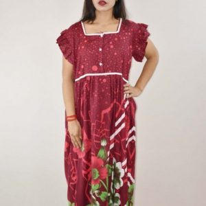 Maroon Cotton Maxi Nighty Square Neck Short Sleeve With Lace