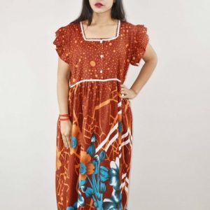 Red Cotton Maxi Nighty Square Neck Short Sleeve With Lace
