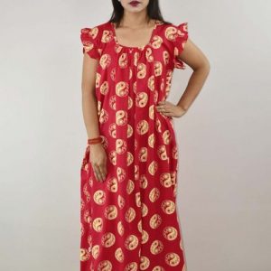 Pink Cotton Maxi Nighty Square Neck Short Sleeves with pleats