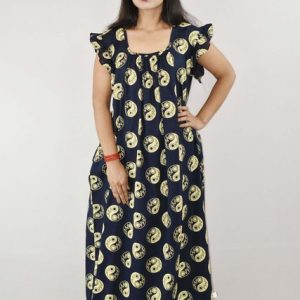 Blue Cotton Maxi Nighty Square Neck Short Sleeves with pleats