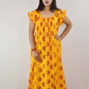 Yellow Cotton Maxi Nighty Square Neck Short Sleeves with pleats