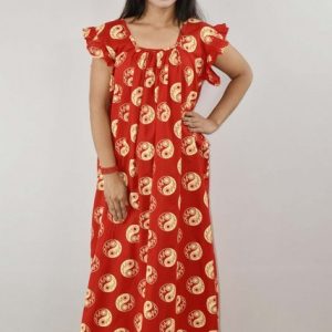 Red Cotton Maxi Nighty Square Neck Short Sleeves with pleats
