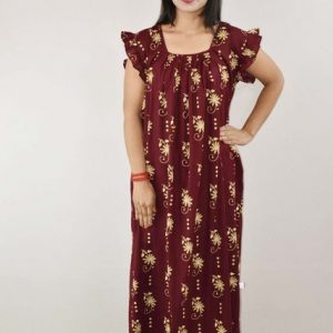 Maroon Cotton Maxi Nighty Square Neck Short Sleeves with pleats