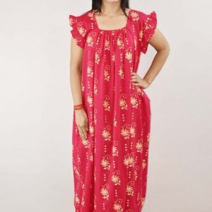 Pink Cotton Maxi Nighty Square Neck Short Sleeves with pleats