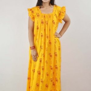 Yellow Cotton Maxi Nighty Square Neck Short Sleeves with pleats