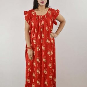 Red Cotton Maxi Nighty Square Neck Short Sleeves with pleats