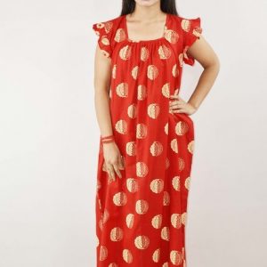 Red Cotton Maxi Nighty Square Neck Short Sleeves with pleats