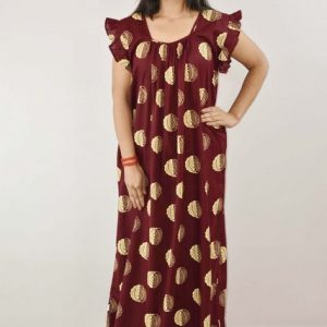 Maroon Cotton Maxi Nighty Square Neck Short Sleeves with pleats