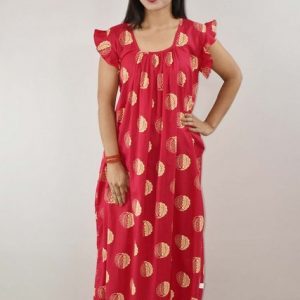 Pink Cotton Maxi Nighty Square Neck Short Sleeves with pleats