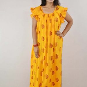 Yellow Cotton Maxi Nighty Square Neck Short Sleeves with pleats