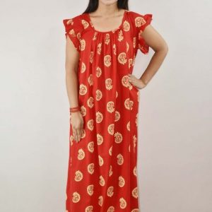 Red Cotton Maxi Nighty Square Neck Short Sleeves with pleats