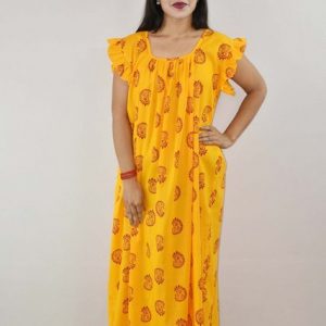 Yellow Cotton Maxi Nighty Square Neck Short Sleeves with pleats