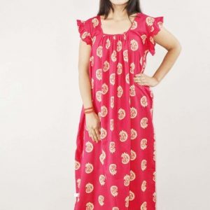 Pink Cotton Maxi Nighty Square Neck Short Sleeves with pleats