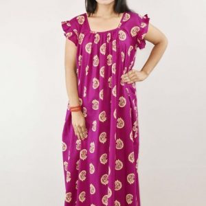 Purple Cotton Maxi Nighty Square Neck Short Sleeves with pleats
