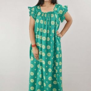 Green Cotton Maxi Nighty Square Neck Short Sleeves with pleats