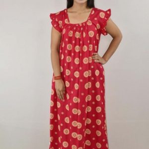 Pink Cotton Maxi Nighty Square Neck Short Sleeves with pleats