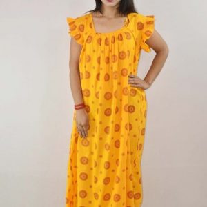 Yellow Cotton Maxi Nighty Square Neck Short Sleeves with pleats